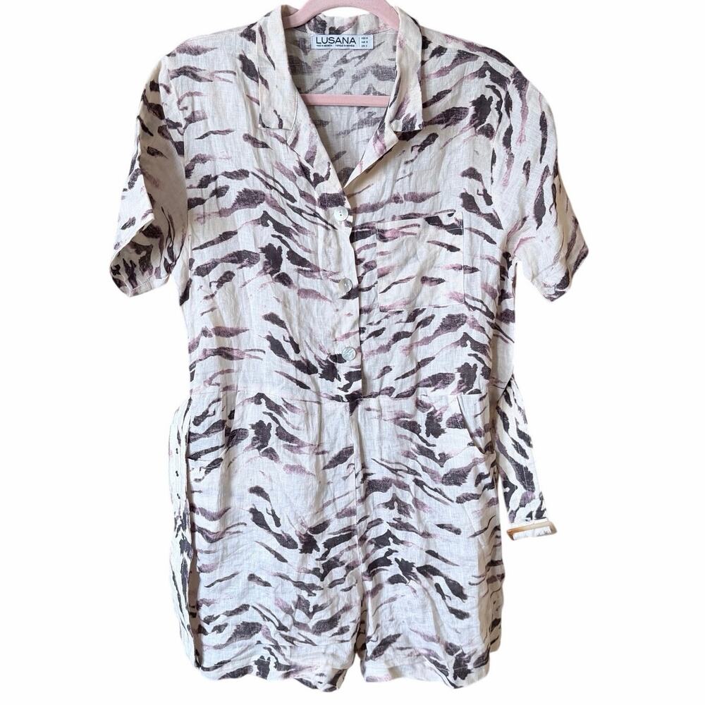 Lusana 100% linen belted romper button front animal print quiet luxury size 6